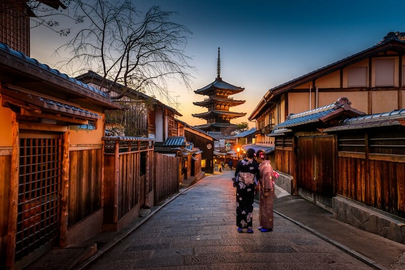 Two Japanese Women Wearing Yukata in Kyoto